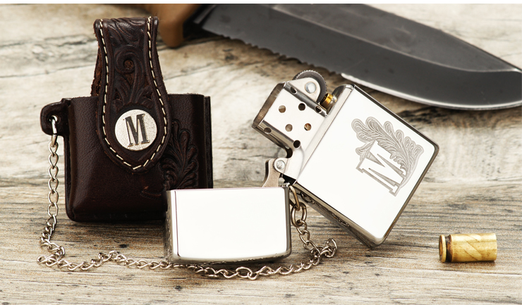 zippo打火机 08年万宝路防丢链款套装 镀铬镜面蚀刻